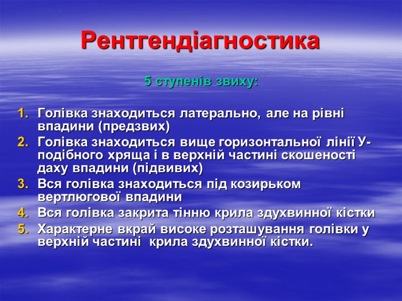 Рентгендіагностика 5 ступенів звиху:  Голівка знаходиться латерально, але на рівні впадини (предзвих) Голівка